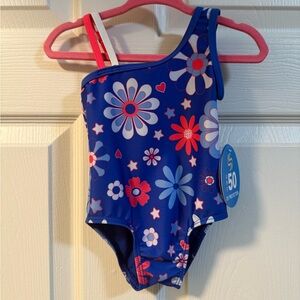Baby Girls Blue Floral One Shoulder Swimsuit | Size 12M | NWT UPF 50